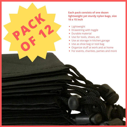 Optima Premium Nylon Drawstring Backpack - 9x12, 12-Pack, Black