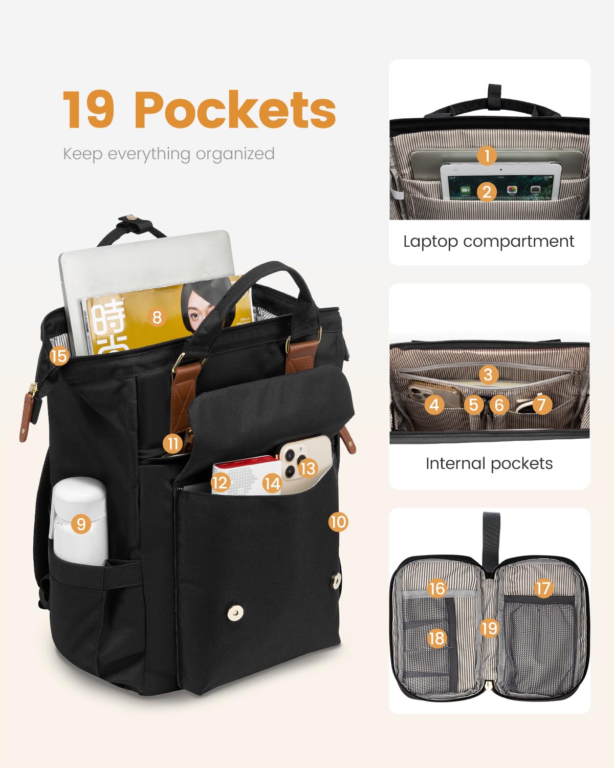 Optima Premium Laptop Backpack - 15.6 Inch, Black-Brown, for Work & School