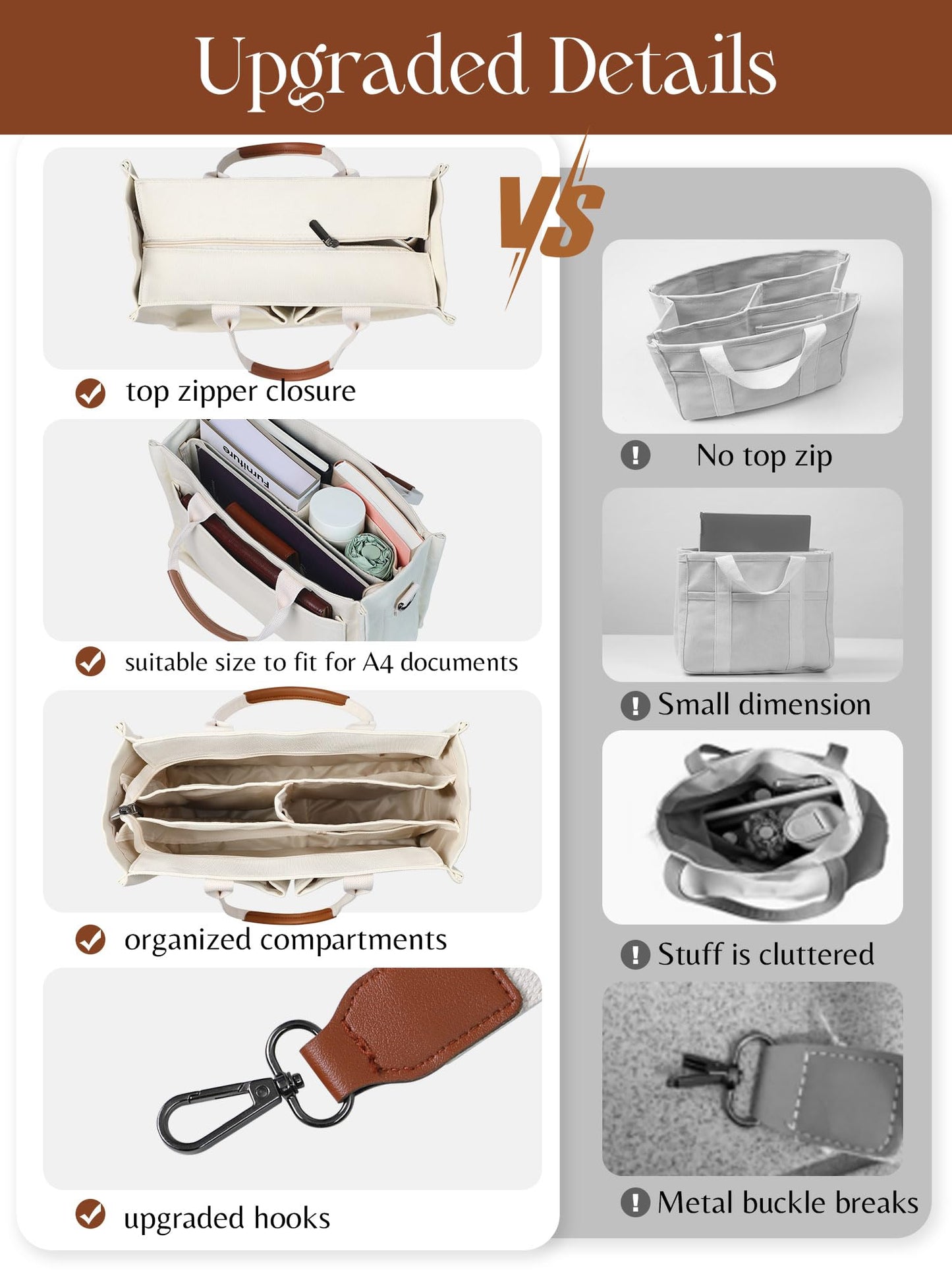 Optima Premium Canvas Tote Bag - Large with Zipper & Compartments