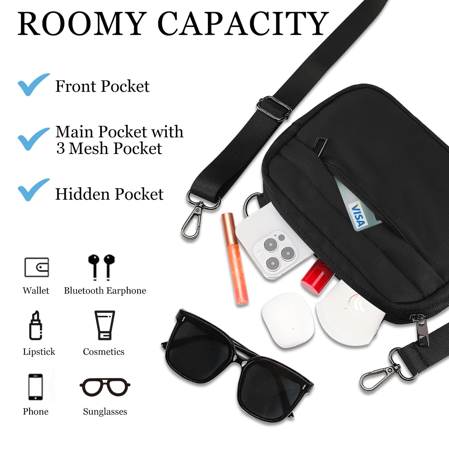 Optima Premium Small Crossbody Bag - Adjustable Fanny Pack, Black