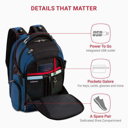 Optima Tech Elite 16” Laptop Backpack - USB, Travel-Ready, Black/Blue