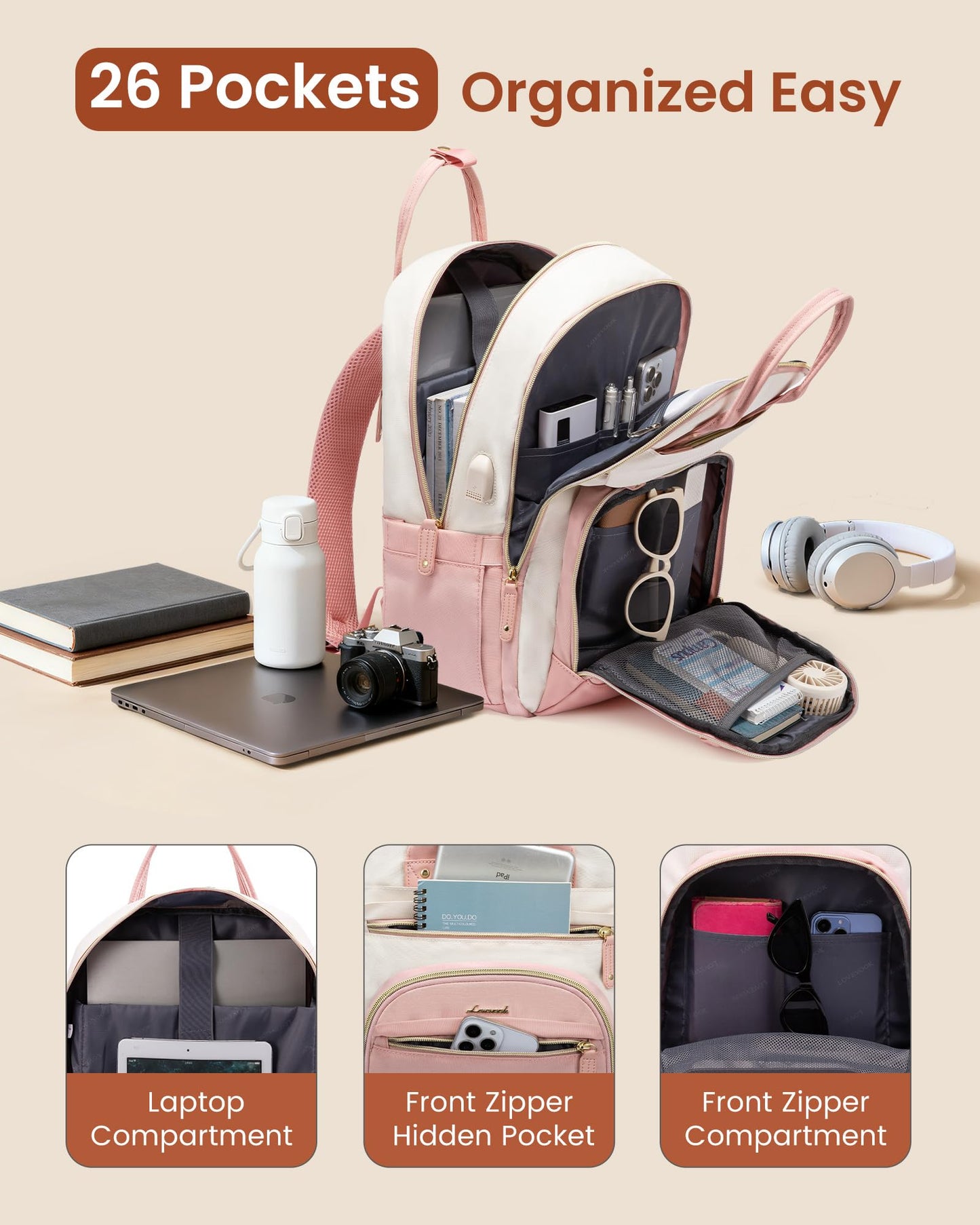 Optima Premium Travel Backpack - 15.6 Inch, USB Charging, Beige-Gray