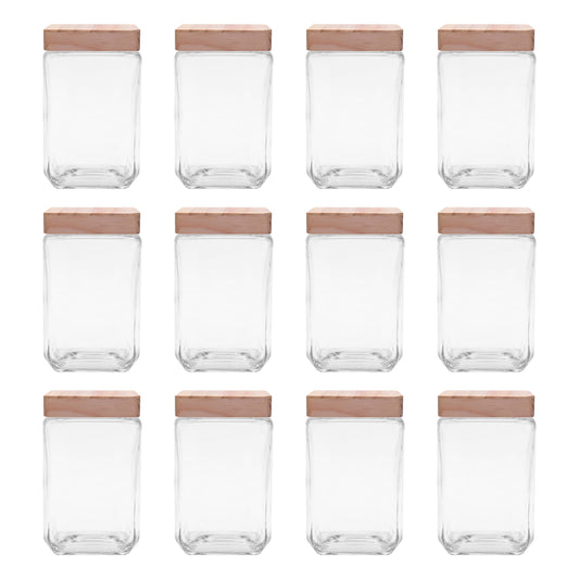Optima Premium Glass Candy Jars with Wooden Lid - 54 oz, Set of 12