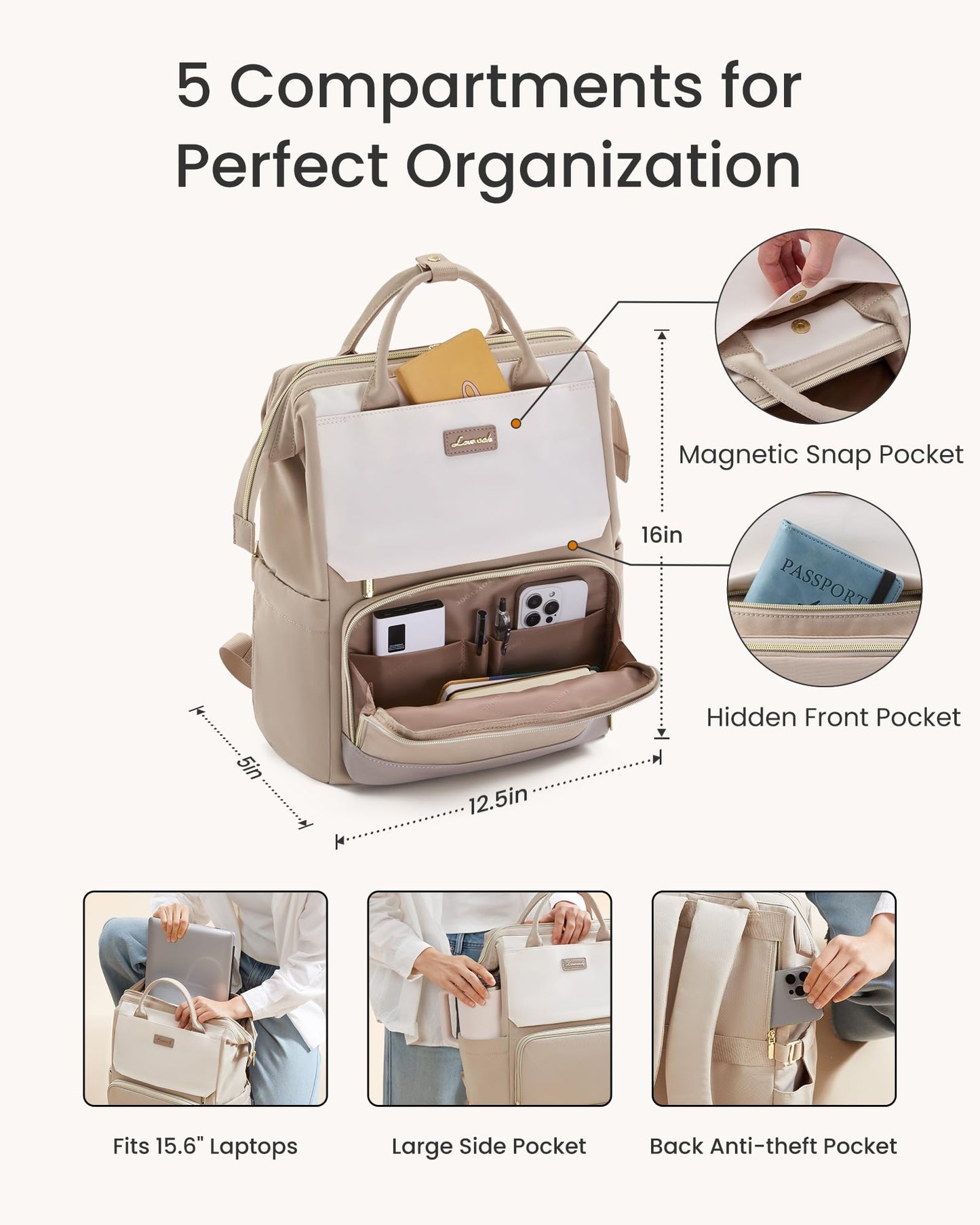 Optima Women's 15.6" Water-Resistant Laptop Backpack - Khaki Beige