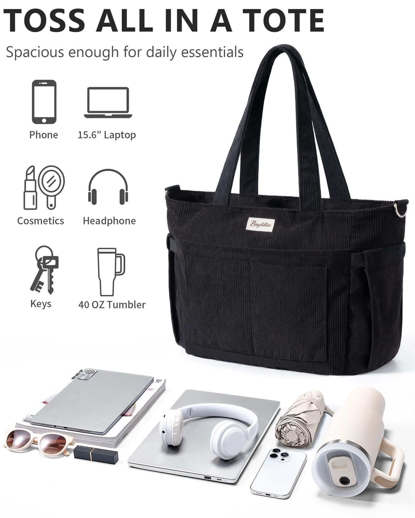 Optima Premium Corduroy Tote Bag - 17 Pockets for Daily Use
