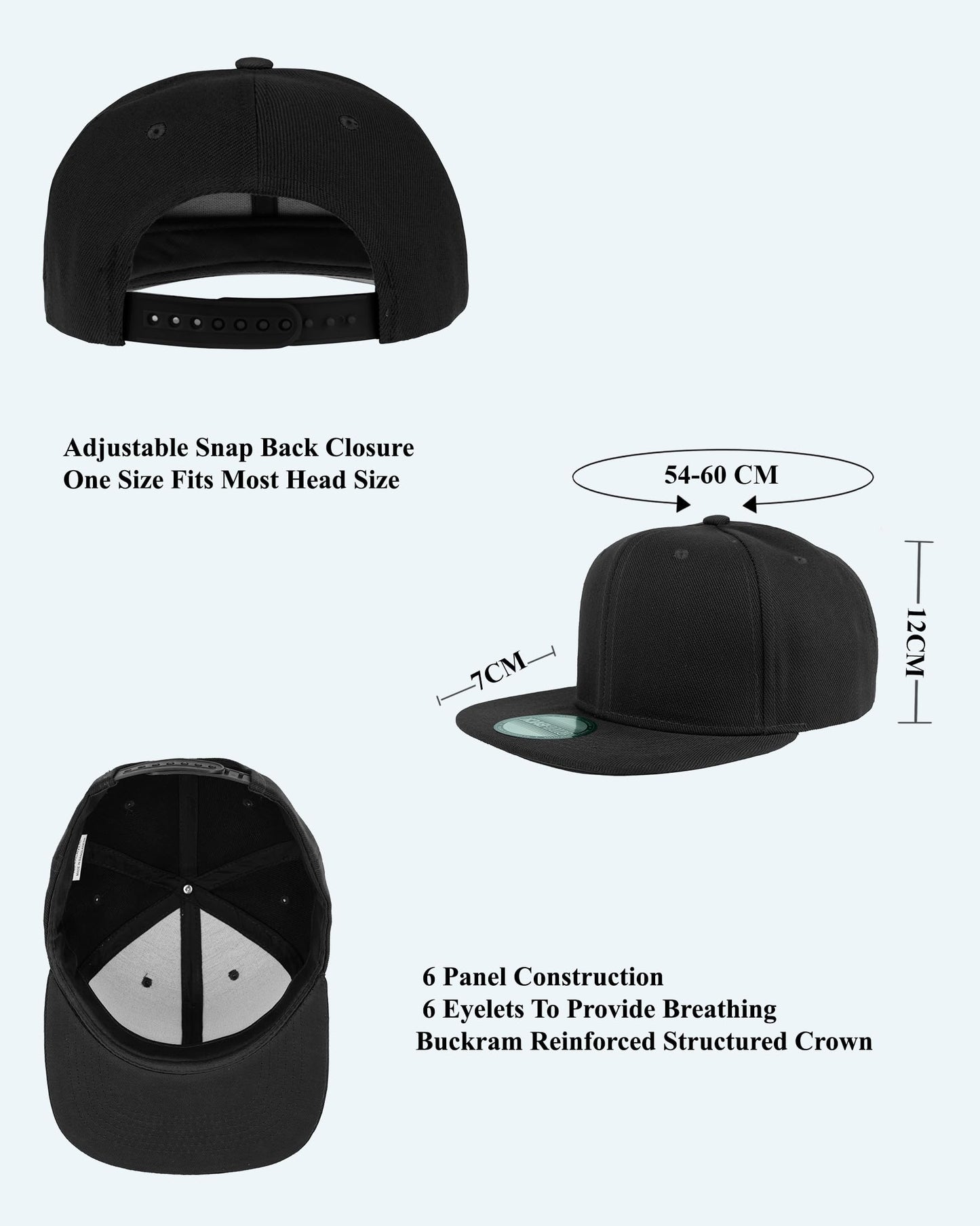Optima Premium Adjustable Snapback Baseball Caps - 6 Pack, Black