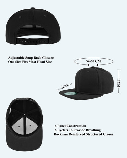 Optima Premium Adjustable Snapback Baseball Caps - 6 Pack, Black