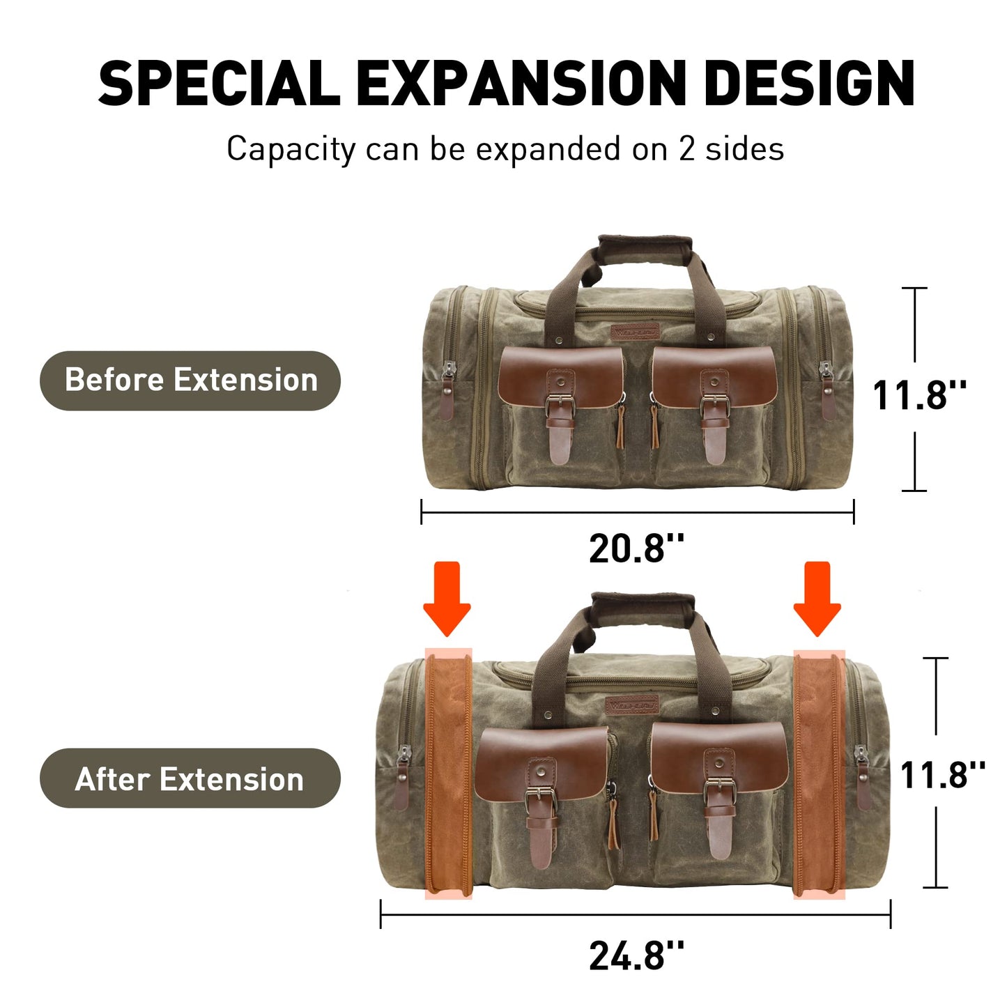 Optima Premium 50L Canvas Leather Duffel Bag - Expandable Weekender
