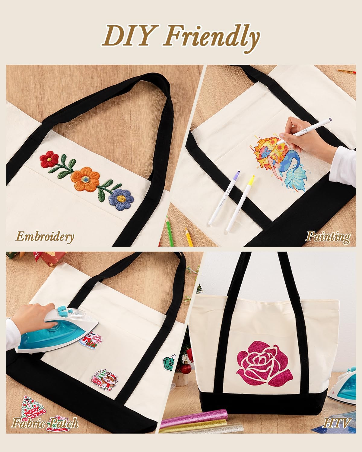 Optima Premium Canvas Tote Bag - 3 Pack, Zipper & External Pocket