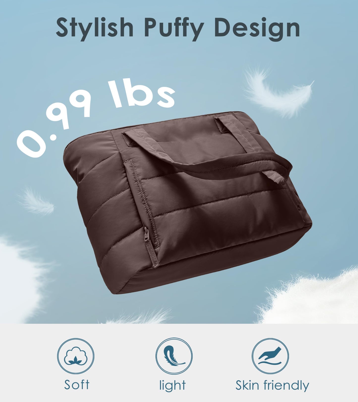 Optima Quilted Puffer Tote Bag - Lightweight, Zippered, Dark Brown