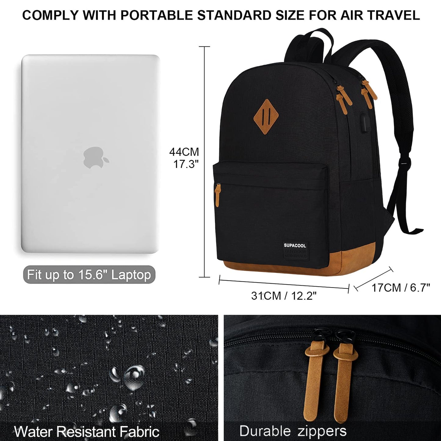 Optima Lightweight Casual Laptop Backpack with USB Port - Black/Brown