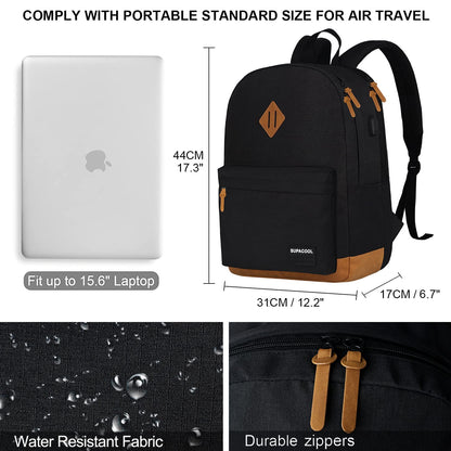 Optima Lightweight Casual Laptop Backpack with USB Port - Black/Brown