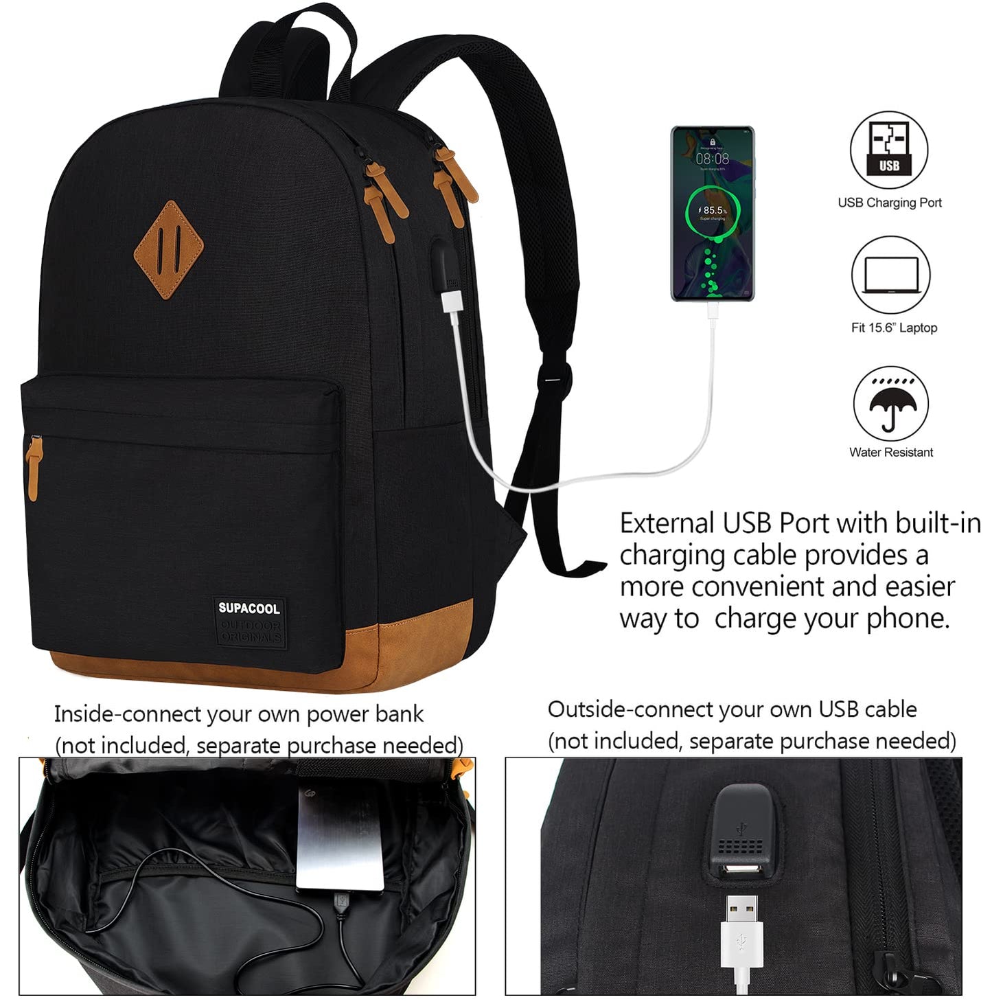 Optima Lightweight Casual Laptop Backpack with USB Port - Black/Brown