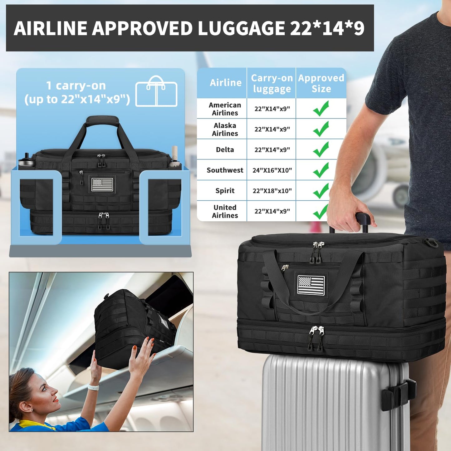 Optima Military Travel Duffel Bag with Shoe Compartment - Black