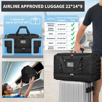 Optima Military Travel Duffel Bag with Shoe Compartment - Black