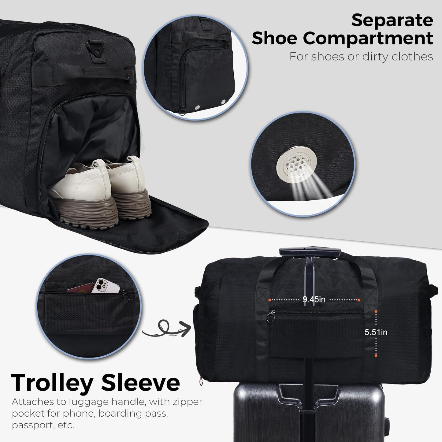Optima Premium 65L Duffle Bag - Glossy Black with Shoe Compartment