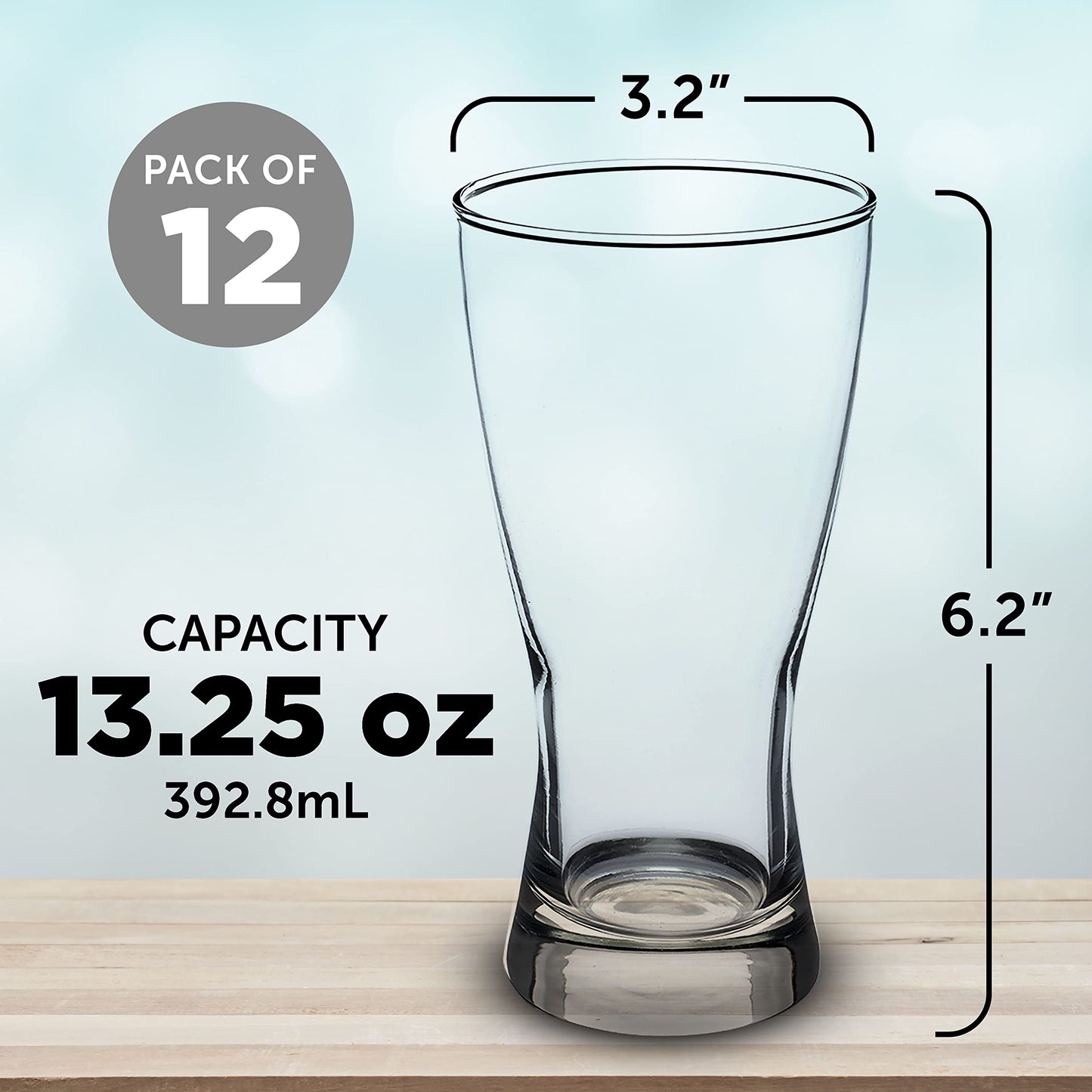 Optima Premium Pilsner Glasses - 13.25 oz, Set of 12, Made in USA