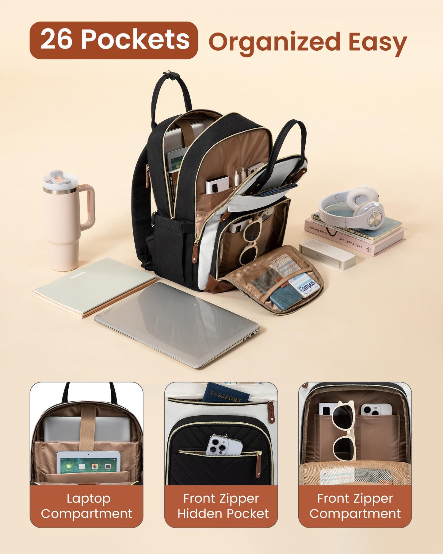 Optima Premium Waterproof Laptop Backpack - 15.6 inch, Beige-Pink