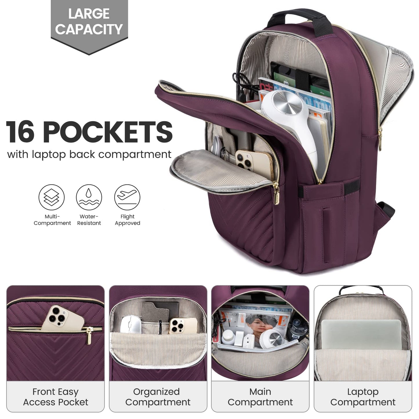 Optima Women's 15.6" Laptop Backpack - Waterproof Travel Bag with USB Port