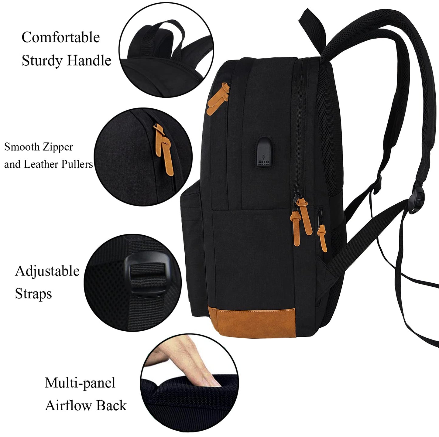 Optima Lightweight Casual Laptop Backpack with USB Port - Black/Brown