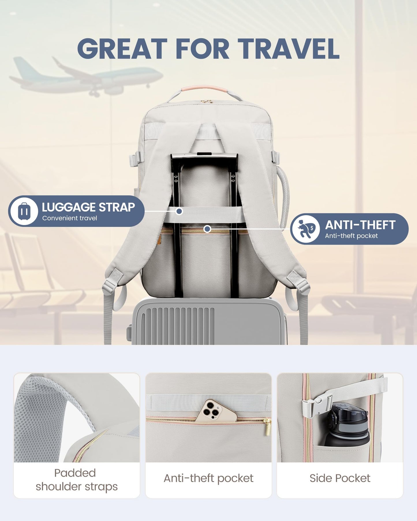 Optima Premium 35L Travel Backpack - Airline Approved, Grey-Pink