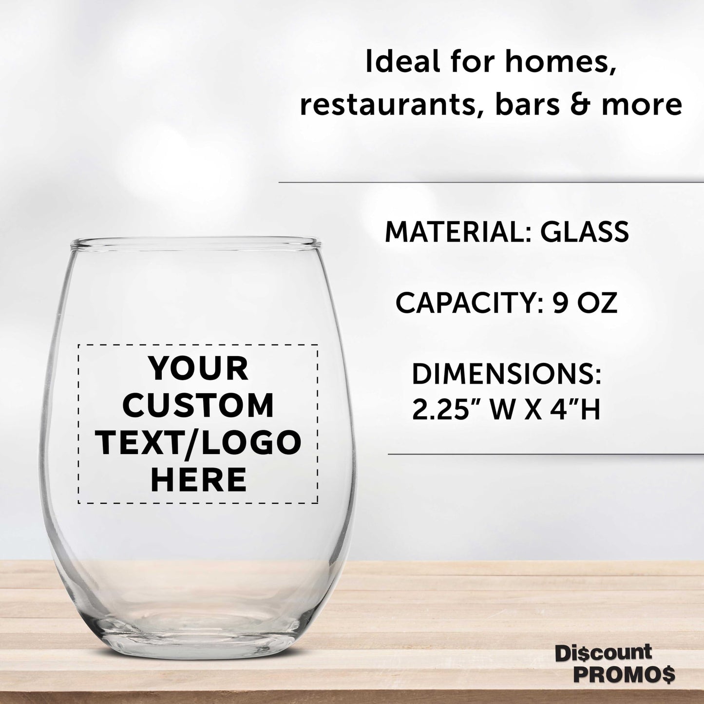 Optima Custom Stemless Wine Glass Set - 9 oz, 100 Pack