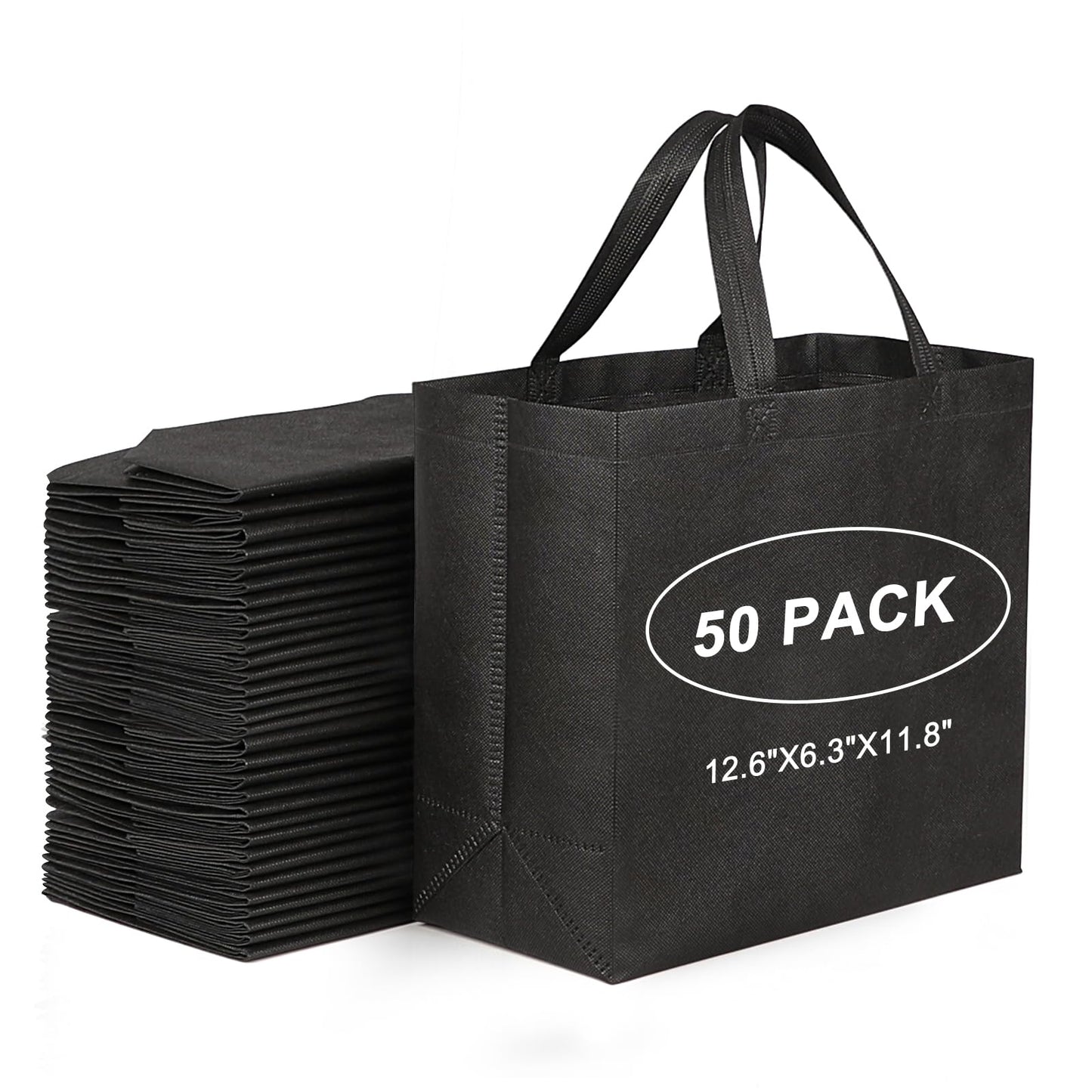 Optima Premium 50-Pack Black Reusable Tote Bags - Non-Woven Material