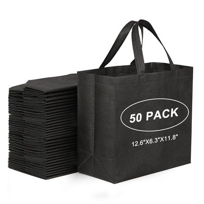 Optima Premium 50-Pack Black Reusable Tote Bags - Non-Woven Material