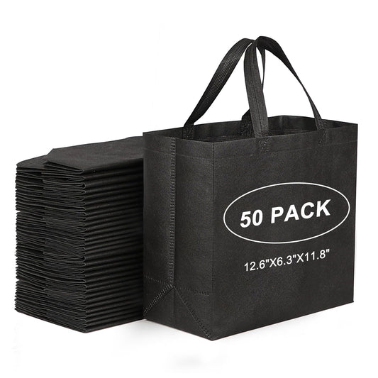 Optima Premium 50-Pack Black Reusable Tote Bags - Non-Woven Material