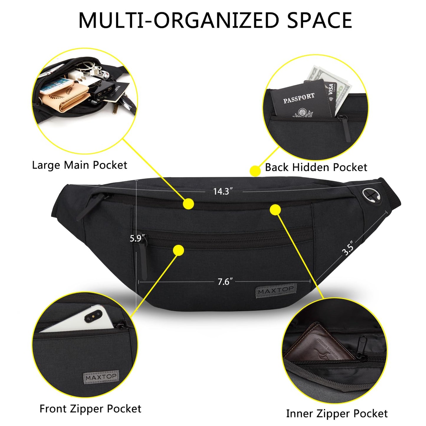 Optima Premium Large Waist Fanny Pack - 4-Zipper Pockets, Headphone Jack