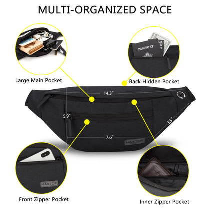 Optima Premium Large Waist Fanny Pack - 4-Zipper Pockets, Headphone Jack