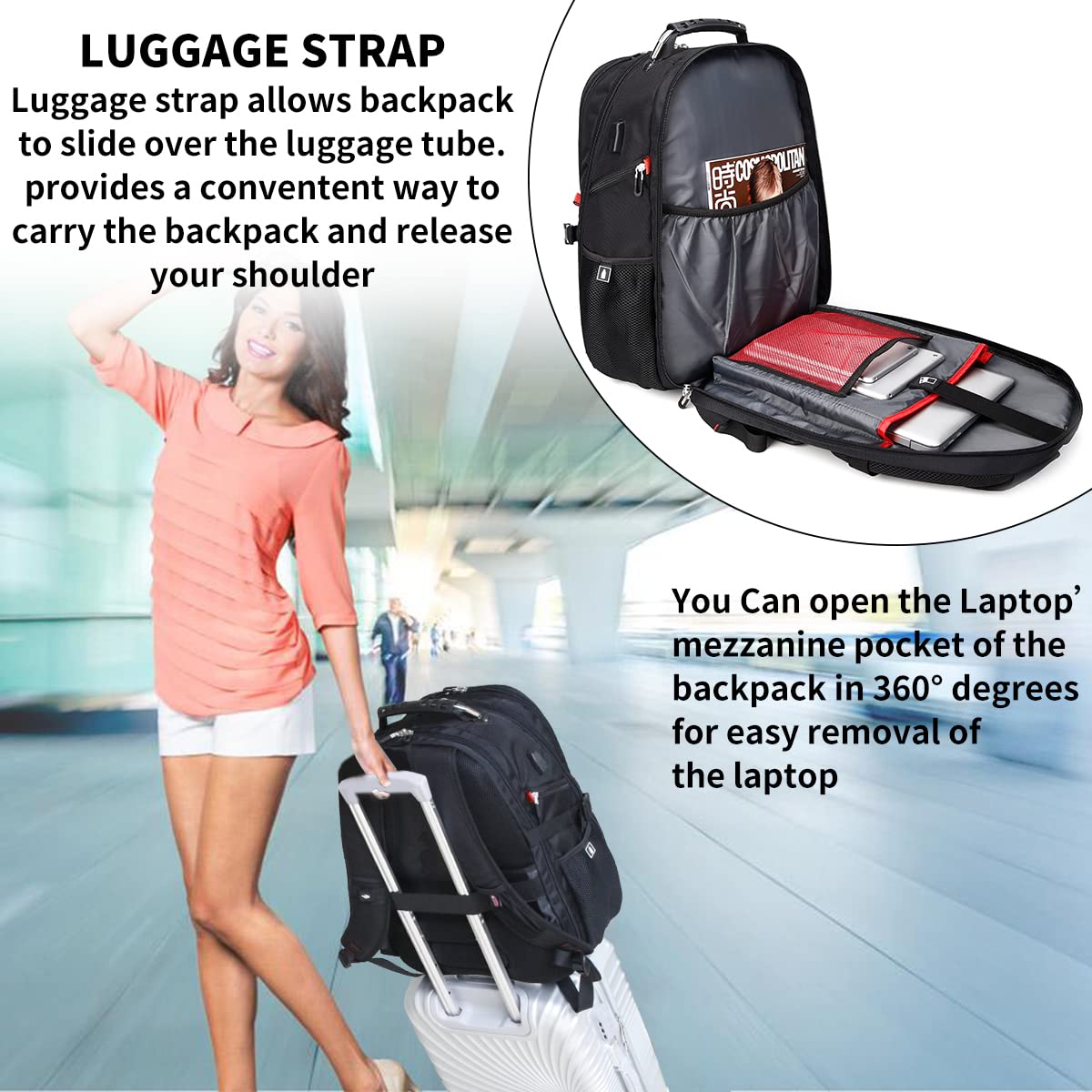 Optima Premium 50L Travel Laptop Backpack - USB Charging, Fits 17''
