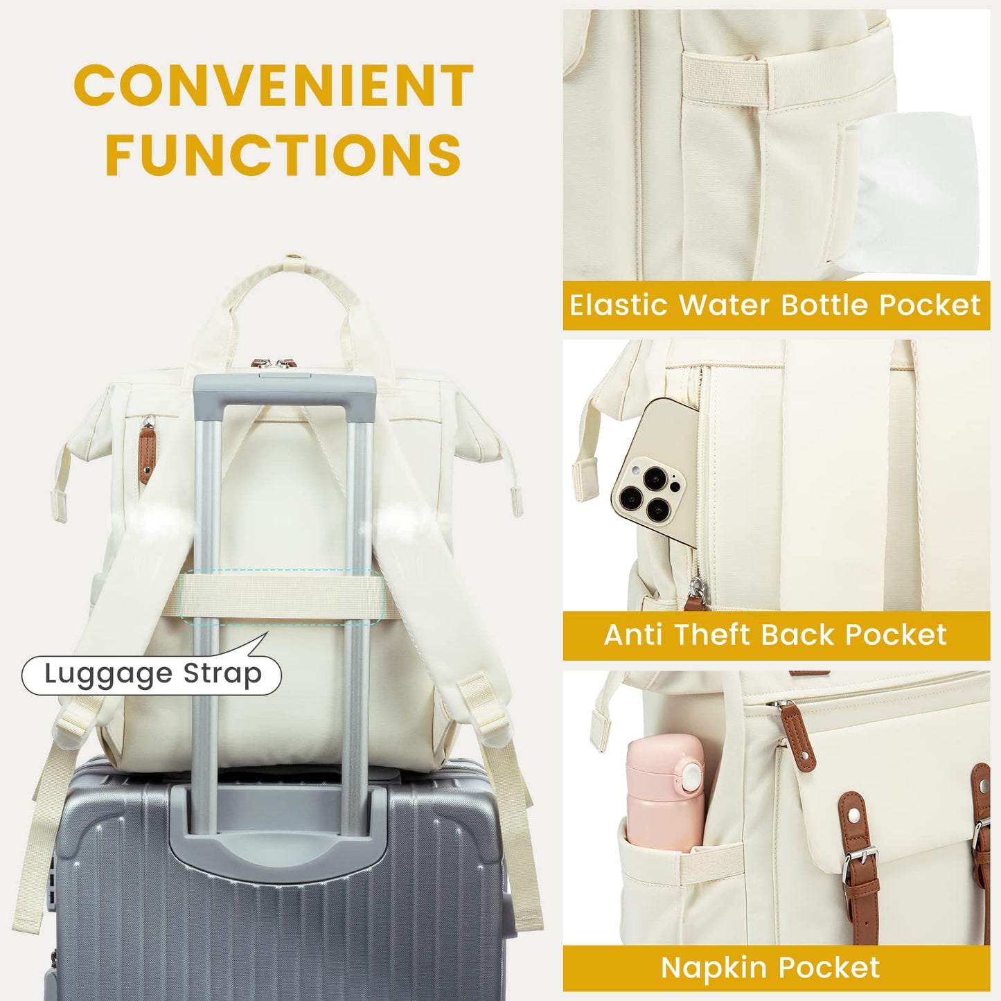 Optima Premium 15.6" Laptop Backpack for Women - Beige-Brown