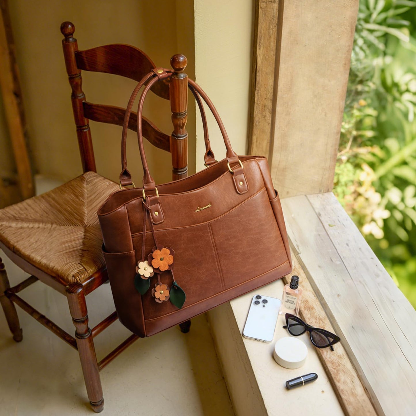 Optima Vintage Work Tote Bag - 15.6 inch Laptop, Brown, with Cup Holder