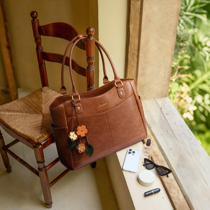 Optima Vintage Work Tote Bag - 15.6 inch Laptop, Brown, with Cup Holder