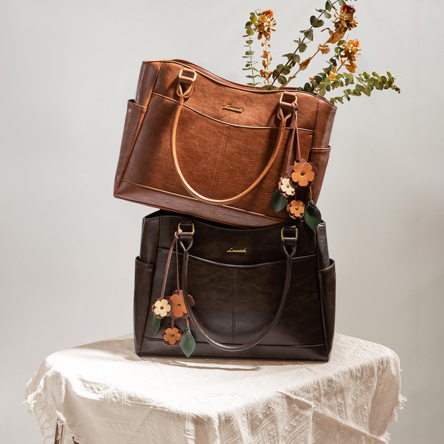 Optima Vintage Work Tote Bag - 15.6 inch Laptop, Brown, with Cup Holder