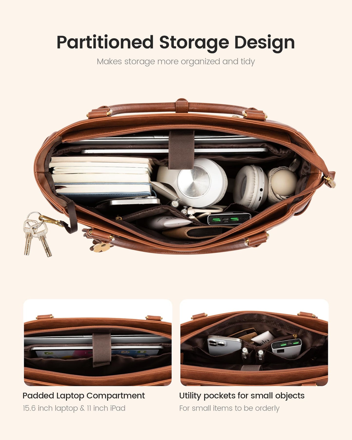 Optima Vintage Work Tote Bag - 15.6 inch Laptop, Brown, with Cup Holder