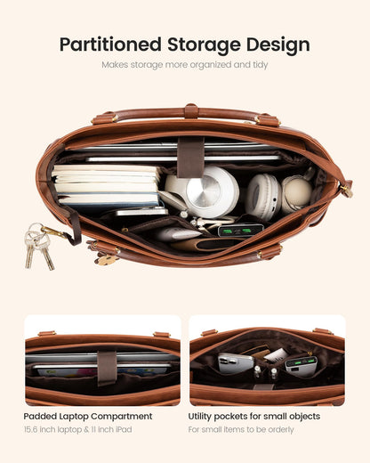 Optima Vintage Work Tote Bag - 15.6 inch Laptop, Brown, with Cup Holder