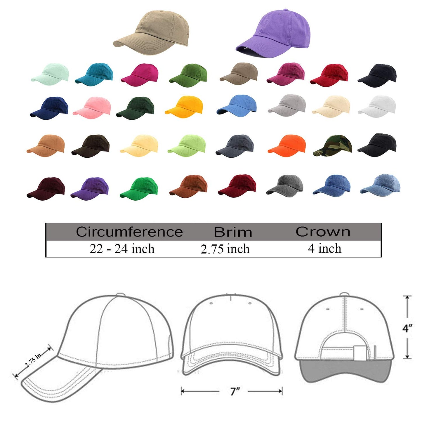 Optima Premium Cotton Baseball Caps - Adjustable Size, 12 Pack