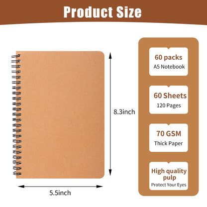 Optima Premium A5 Spiral Lined Notebooks - 60 Pack, Kraft Cover