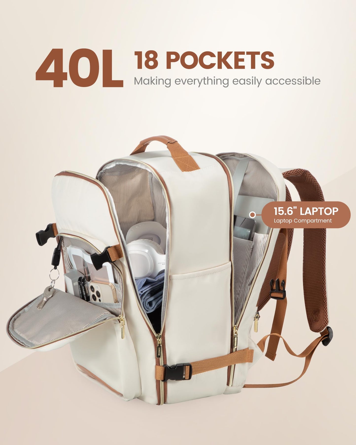 Optima Premium Laptop Backpack - 15.6", Beige-Brown, Stylish & Functional