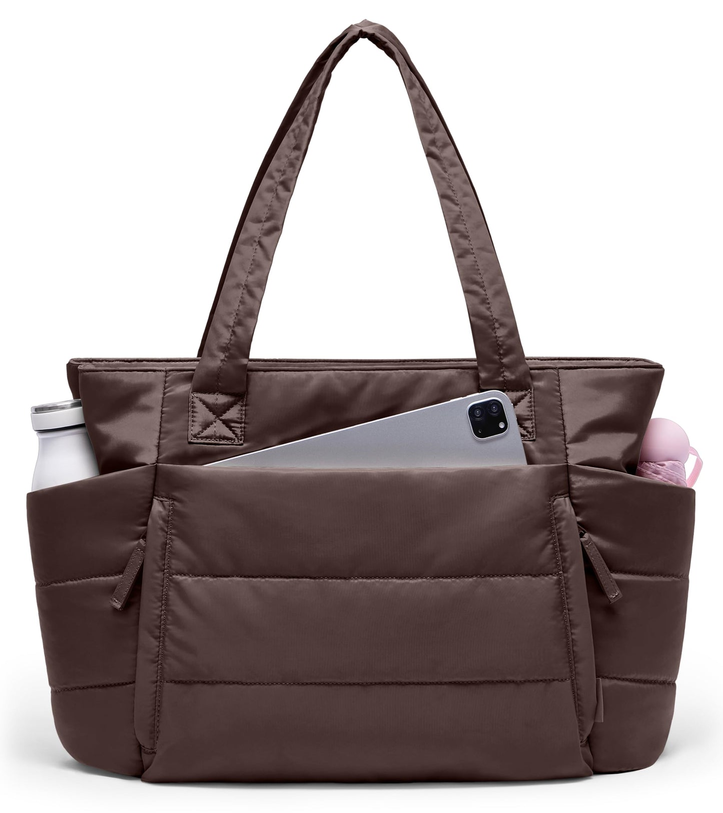 Optima Quilted Puffer Tote Bag - Lightweight, Zippered, Dark Brown