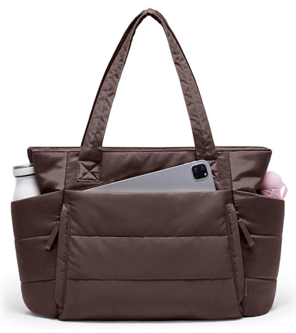 Optima Quilted Puffer Tote Bag - Lightweight, Zippered, Dark Brown