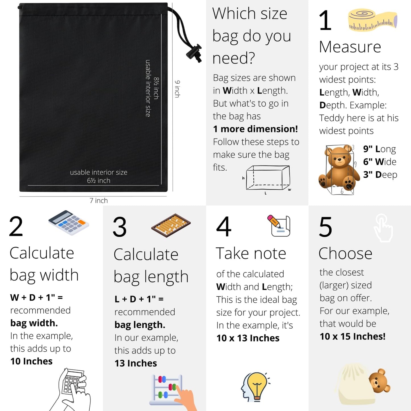 Optima Premium Nylon Drawstring Bags - 7x9 Inch Set of 6