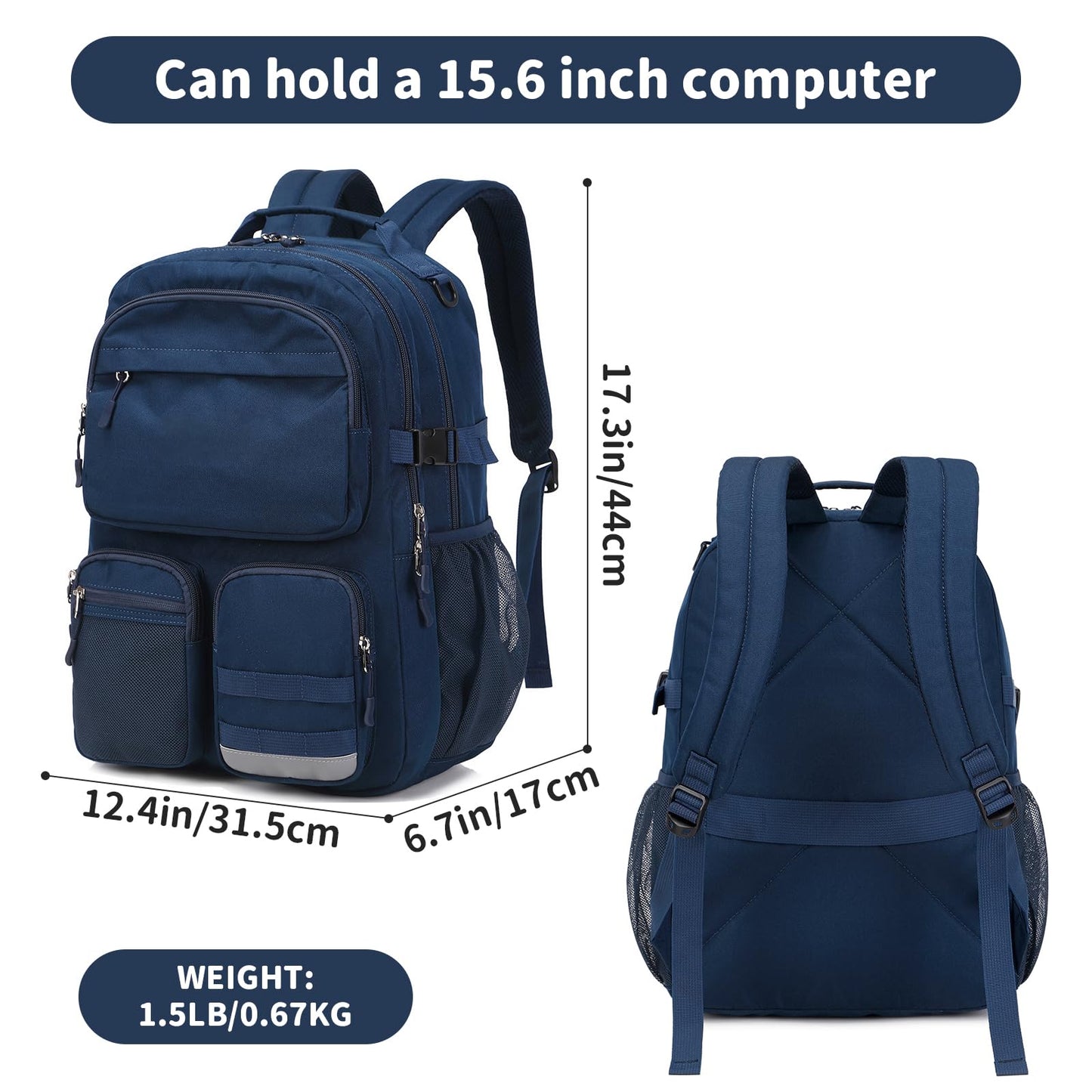 Optima Water Resistant Backpack - Fits 15.6" Laptop, Navy Blue