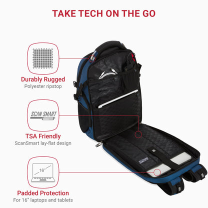 Optima Tech Elite 16” Laptop Backpack - USB, Travel-Ready, Black/Blue