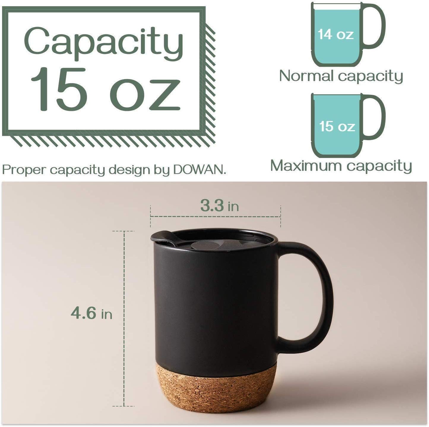 Optima Premium Ceramic Coffee Mugs - 15 oz Set of 2 with Cork Lid