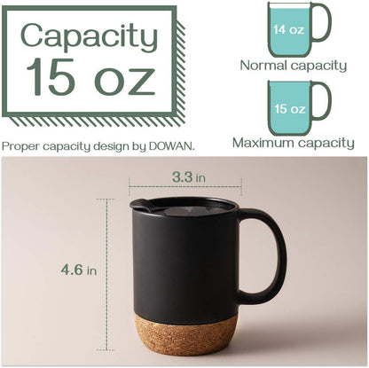 Optima Premium Ceramic Coffee Mugs - 15 oz Set of 2 with Cork Lid