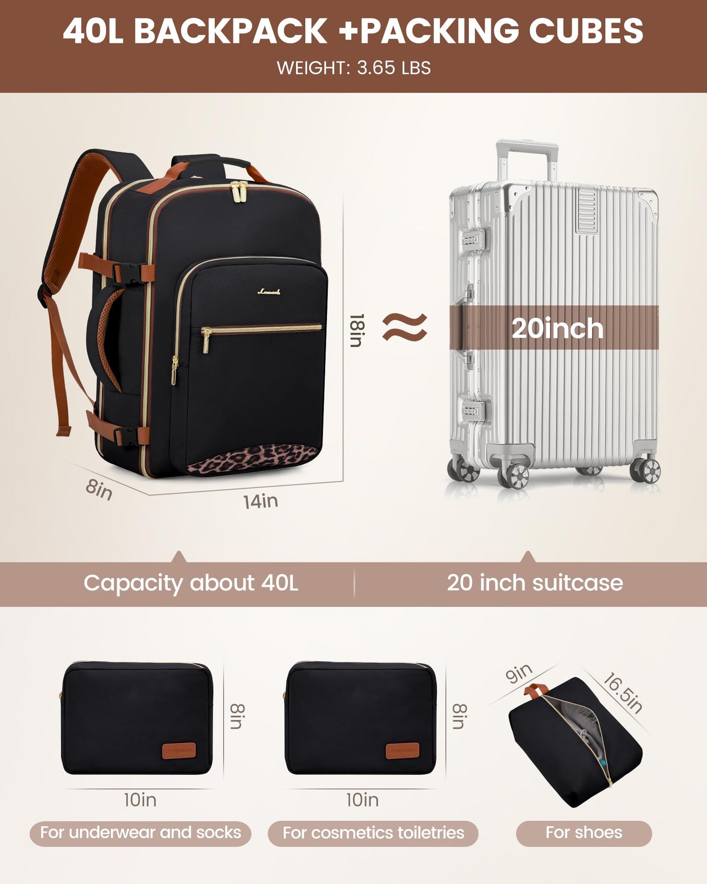 Optima Premium Travel Backpack - Large Beige-Black Carry-On