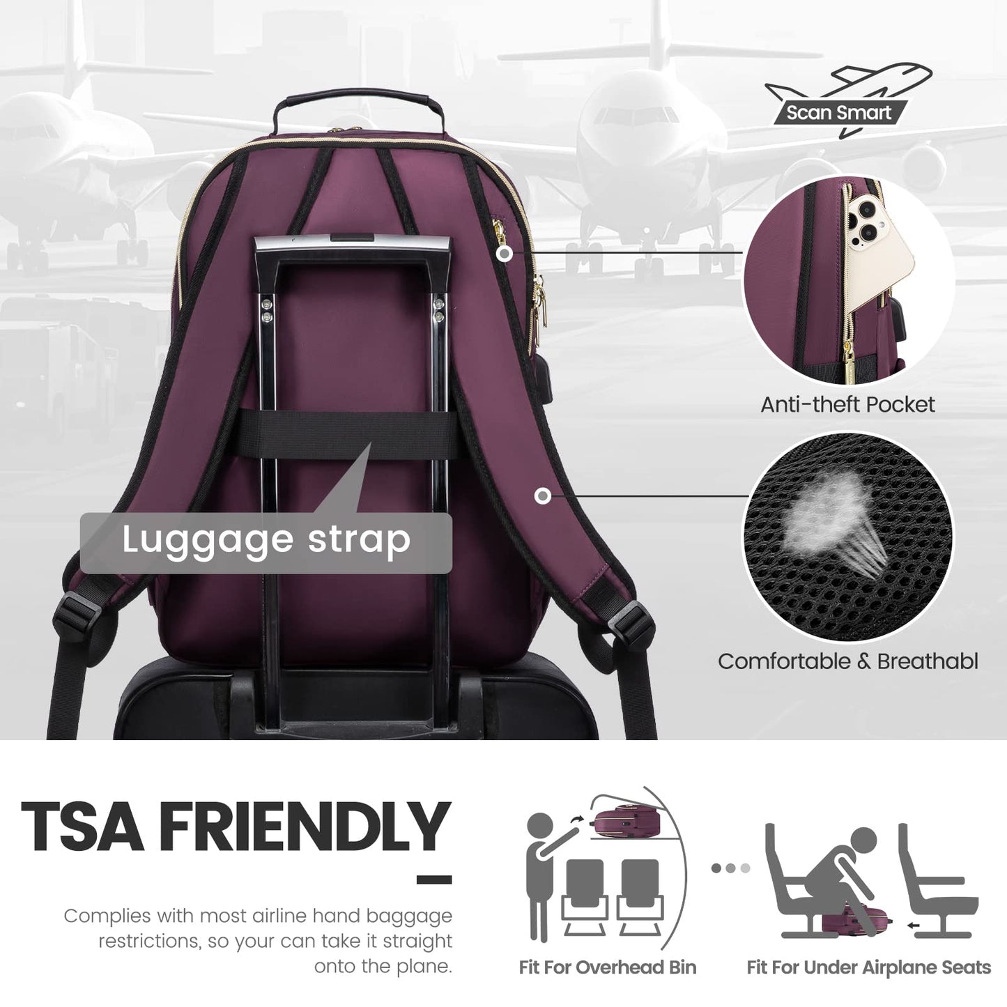 Optima Women's 15.6" Laptop Backpack - Waterproof Travel Bag with USB Port